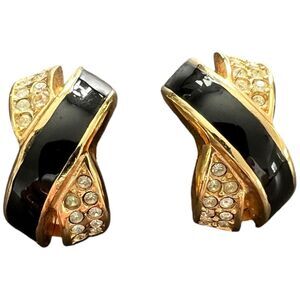 Christian Dior Earrings Gold Tone Black Enamel Crystal Rhinestone Clip On X